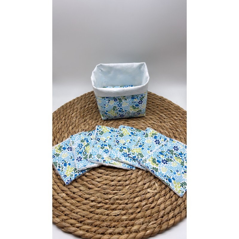 Panier et ses lingettes fleurs bleu