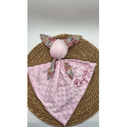 Doudou lapin fleurs jaunes/ roses