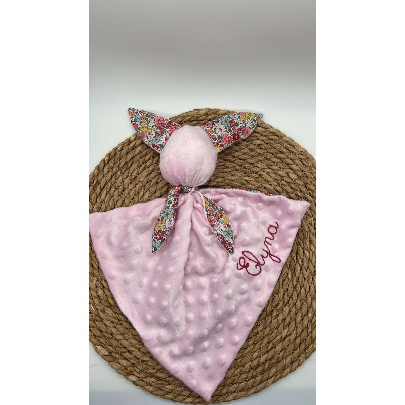 Doudou lapin fleurs jaunes/ roses