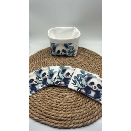 Panier et ses lingettes lavables panda bleu