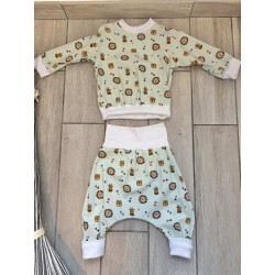Pull + Pantalon animaux vert fait main