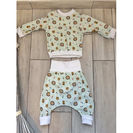 Pull + Pantalon animaux vert fait main