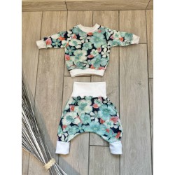 Pull + Pantalon fleurs  bleu/vert fait main
