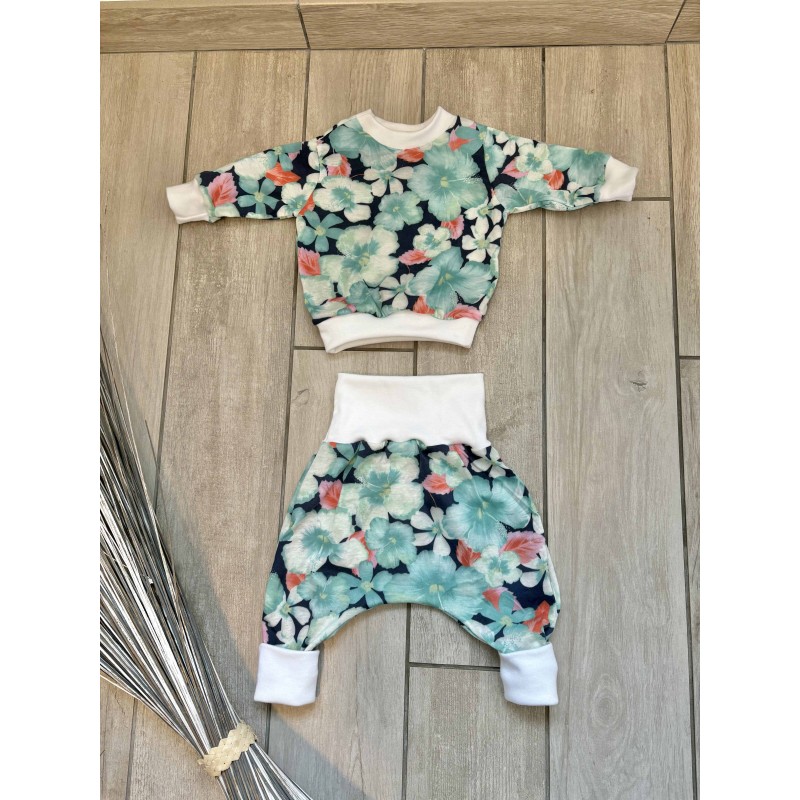 Pull + Pantalon fleurs  bleu/vert fait main