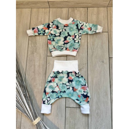 Pull + Pantalon fleurs  bleu/vert fait main