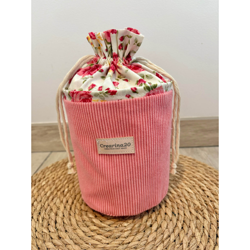 Pochon rond velours côtelé rose bonbon