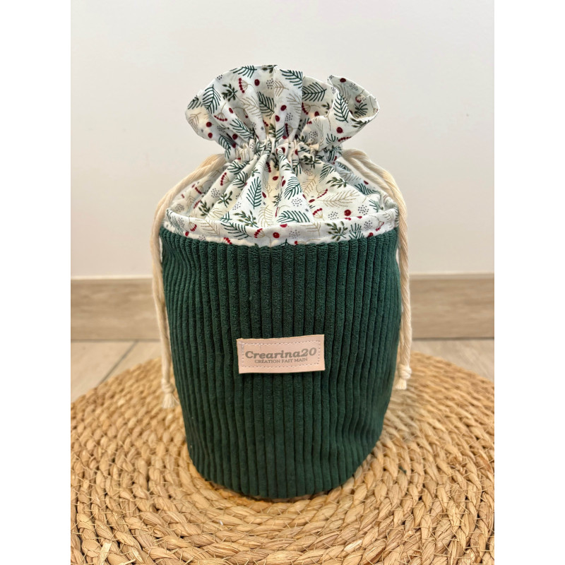 Pochon rond velours côtelé vert sapin