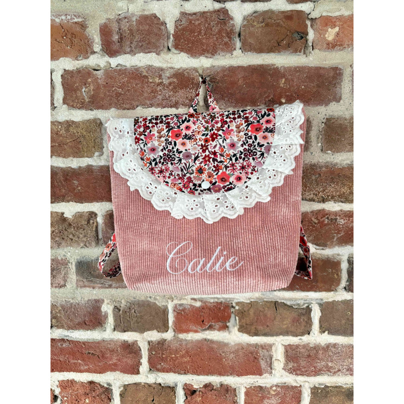 Sac à dos velours côtelé rose et fleurs