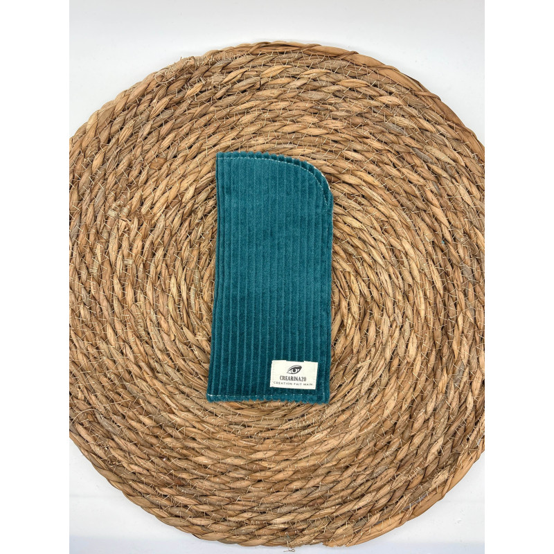 Pochette à lunettes velours côtelé bleu canard