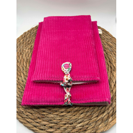 Pochette à livres Poche ou Broché velours côtelé rose flash