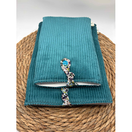 Pochette à livres Poche ou Broché velours côtelé bleu canard