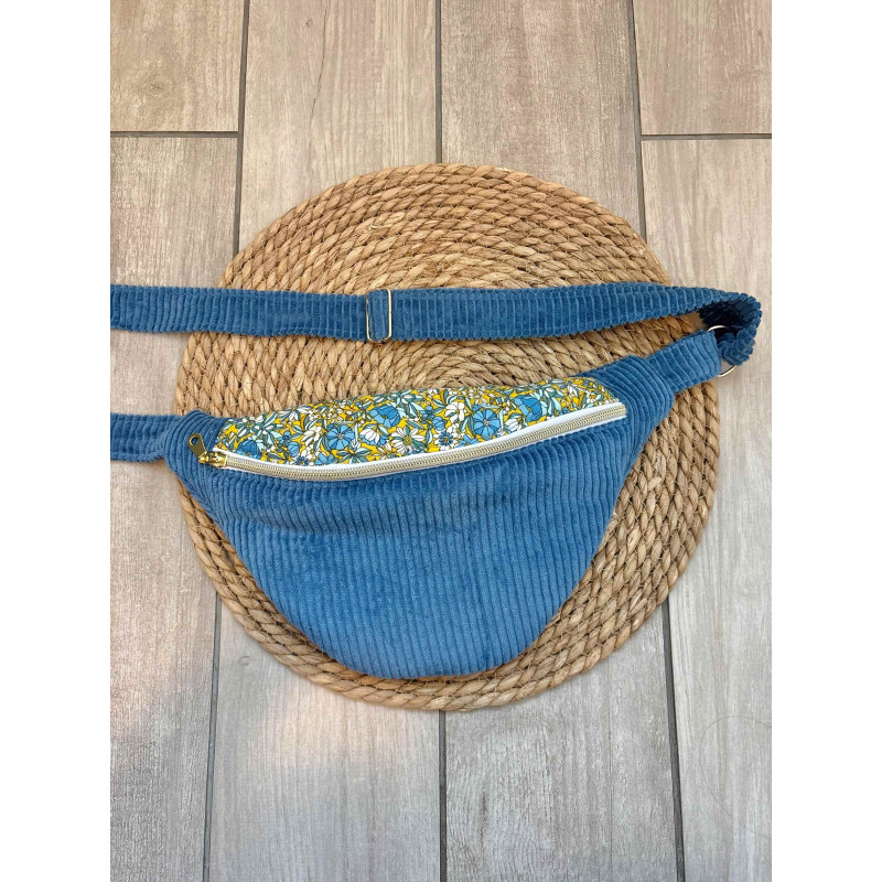 Sac banane bi matière velours côtelé bleu