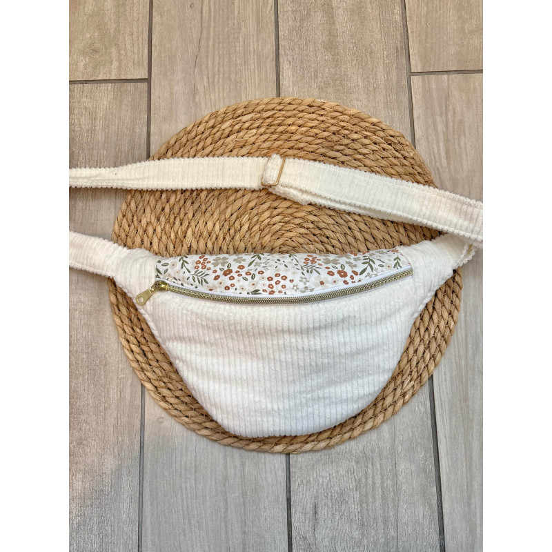 Sac banane bi matière velours côtelé blanc