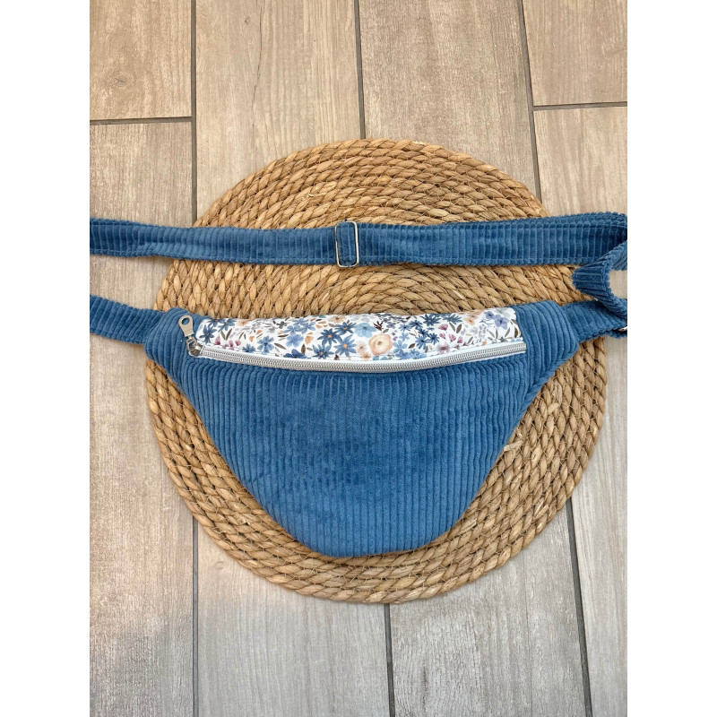 Sac banane bi matière velours côtelé bleu