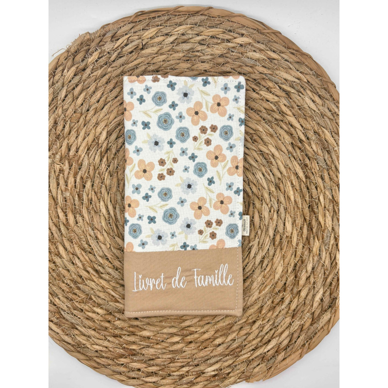 Protège livret de famille fleurs bleu et beige
