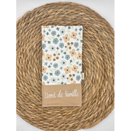 Protège livret de famille fleurs bleu et beige