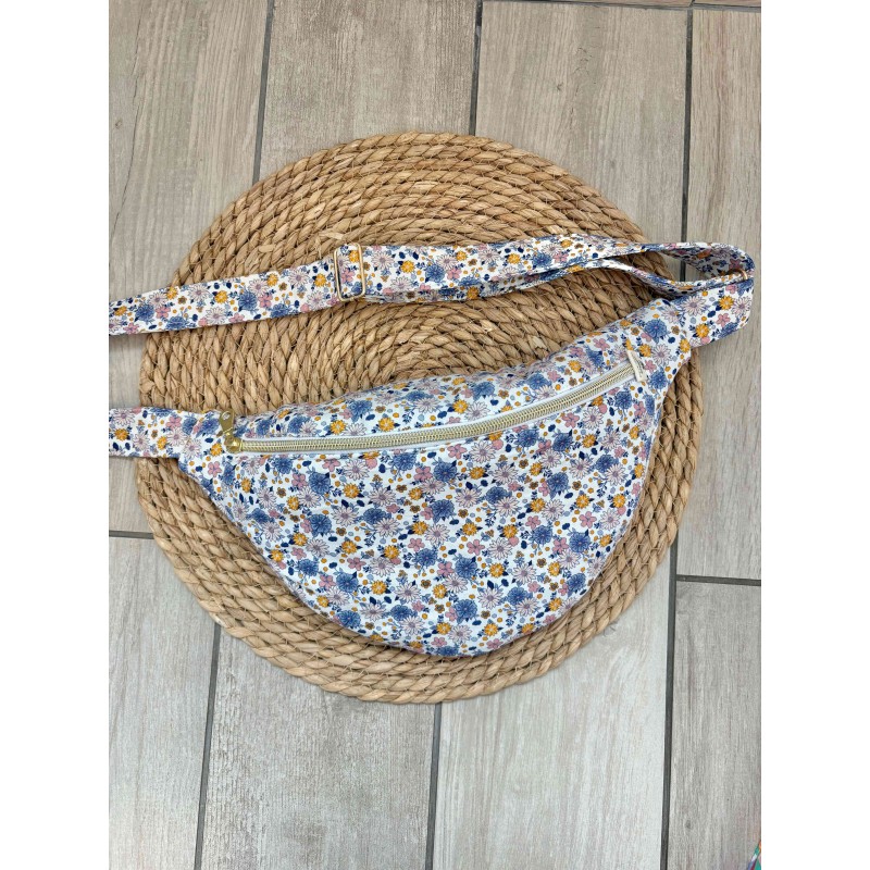 Sac banane fleurs bleu