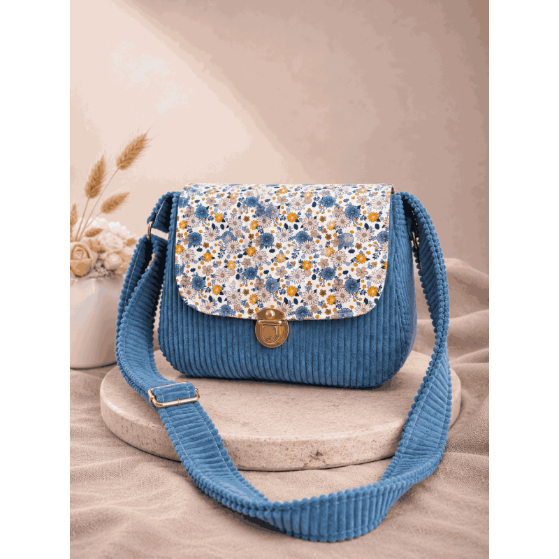 Sac à main bi matière velours côtelé bleu