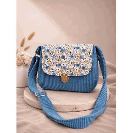 Sac à main bi matière velours côtelé bleu