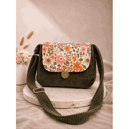 Sac à main bi matière velours côtelé kaki