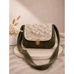 Sac à main bi matière velours côtelé kaki