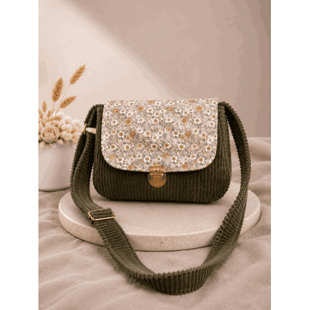 Sac à main bi matière velours côtelé kaki