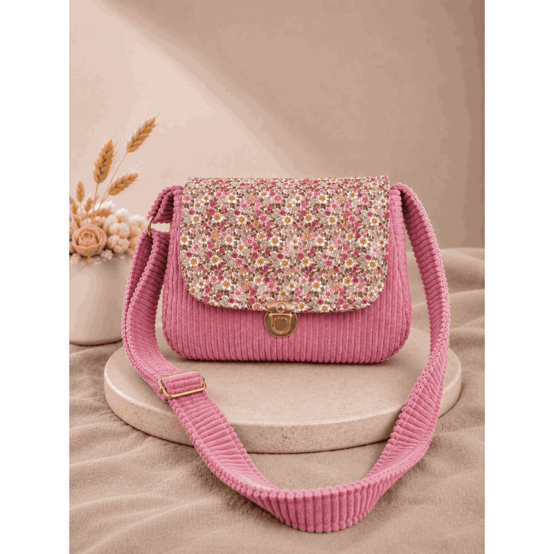 Sac à main bi matière velours côtelé rose