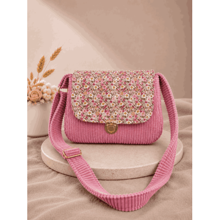 Sac à main bi matière velours côtelé rose
