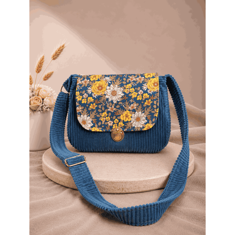Sac à main bi matière velours côtelé bleu