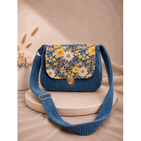 Sac à main bi matière velours côtelé bleu