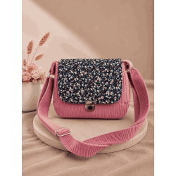 Sac à main bi matière velours côtelé rose et fleurs