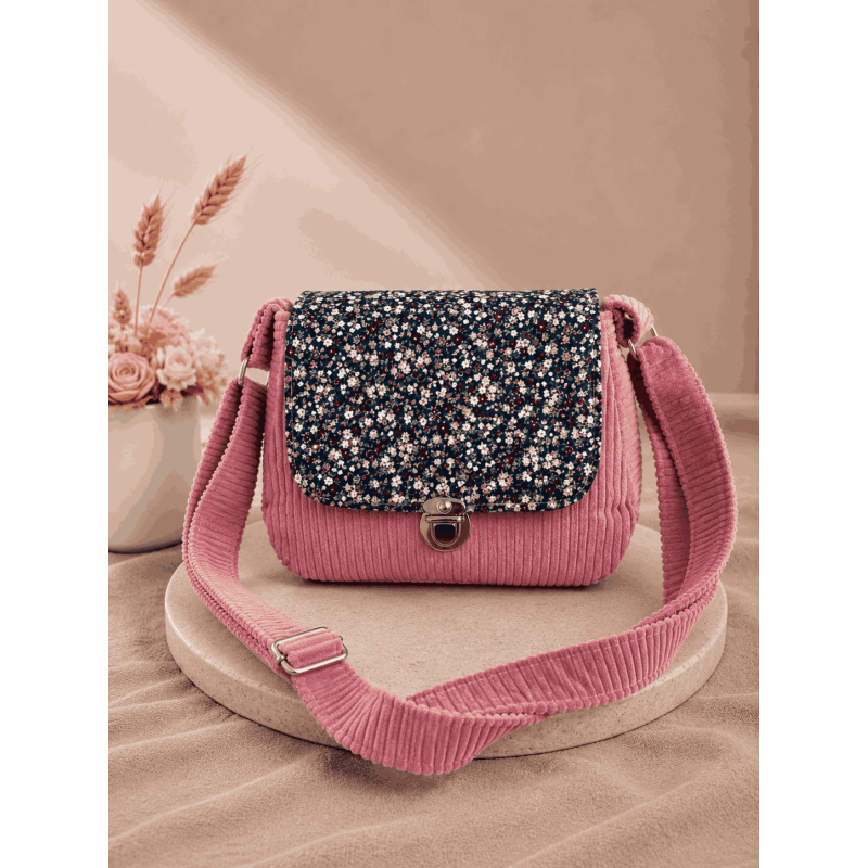 Sac à main bi matière velours côtelé rose et fleurs
