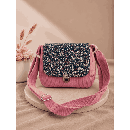 Sac à main bi matière velours côtelé rose et fleurs