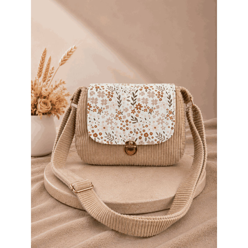 Sac à main bi matière velours côtelé beige