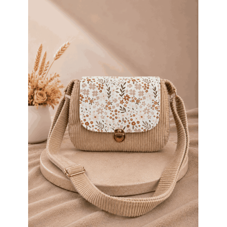Sac à main bi matière velours côtelé beige