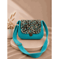 Sac à main bi matière velours côtelé bleu flash
