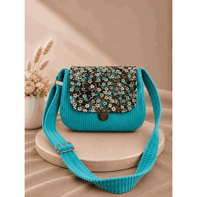 Sac à main bi matière velours côtelé bleu flash