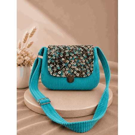 Sac à main bi matière velours côtelé bleu flash