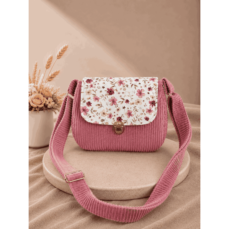 Sac à main bi matière velours côtelé rose