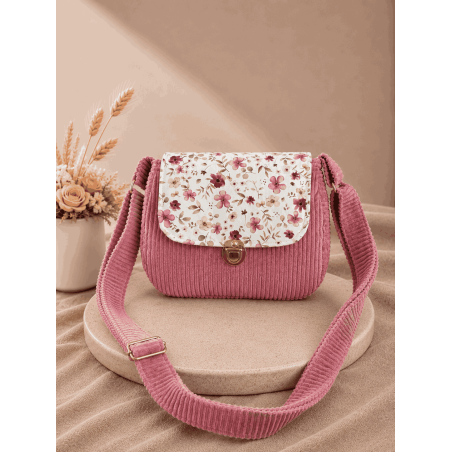 Sac à main bi matière velours côtelé rose