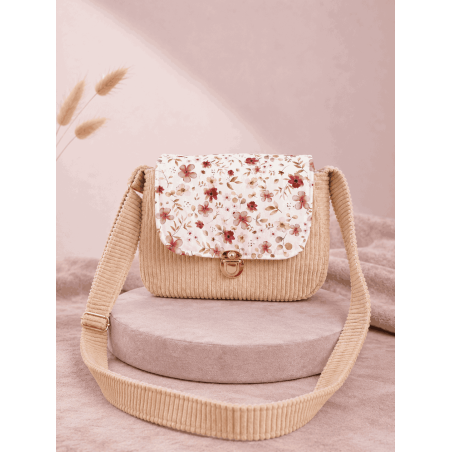 Sac à main velours côtelé beige et fleurs