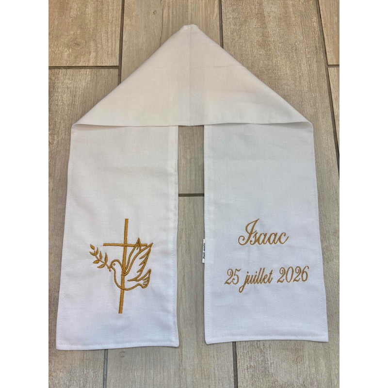 Écharpe  de baptême brodée coton blanc