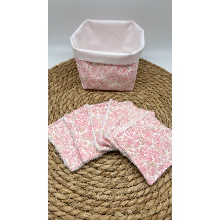 Panier et ses  lingettes lavables liberty rose pâle