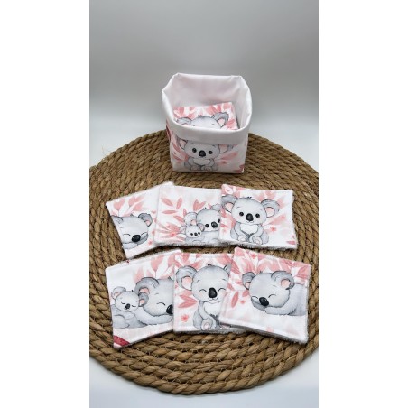 Panier et ses lingettes lavables koalas rose