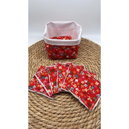 Panier et ses lingettes lavables fleurs rouges