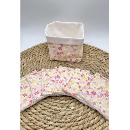 Panier et ses lingettes lavables liberty rose/jaune