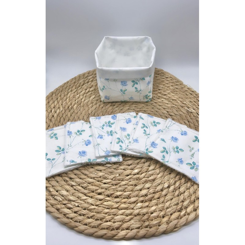 Panier et ses lingettes lavables liberty bleu/vert