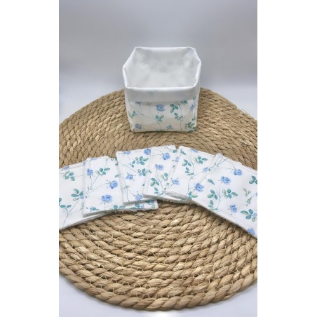 Panier et ses lingettes lavables liberty bleu/vert